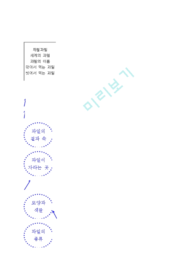 과일 프로젝트]교육계획안, 창의활동지, 주제선정의 이유, 주요개념, 주제망, 과일의 종류, 과일의 이름, 모양, 맛, 계절별 과일, 과일로  만든 음식, 모의수업, 수업자료, 유치원, 어린이집, 활동계획안사범교육레포트